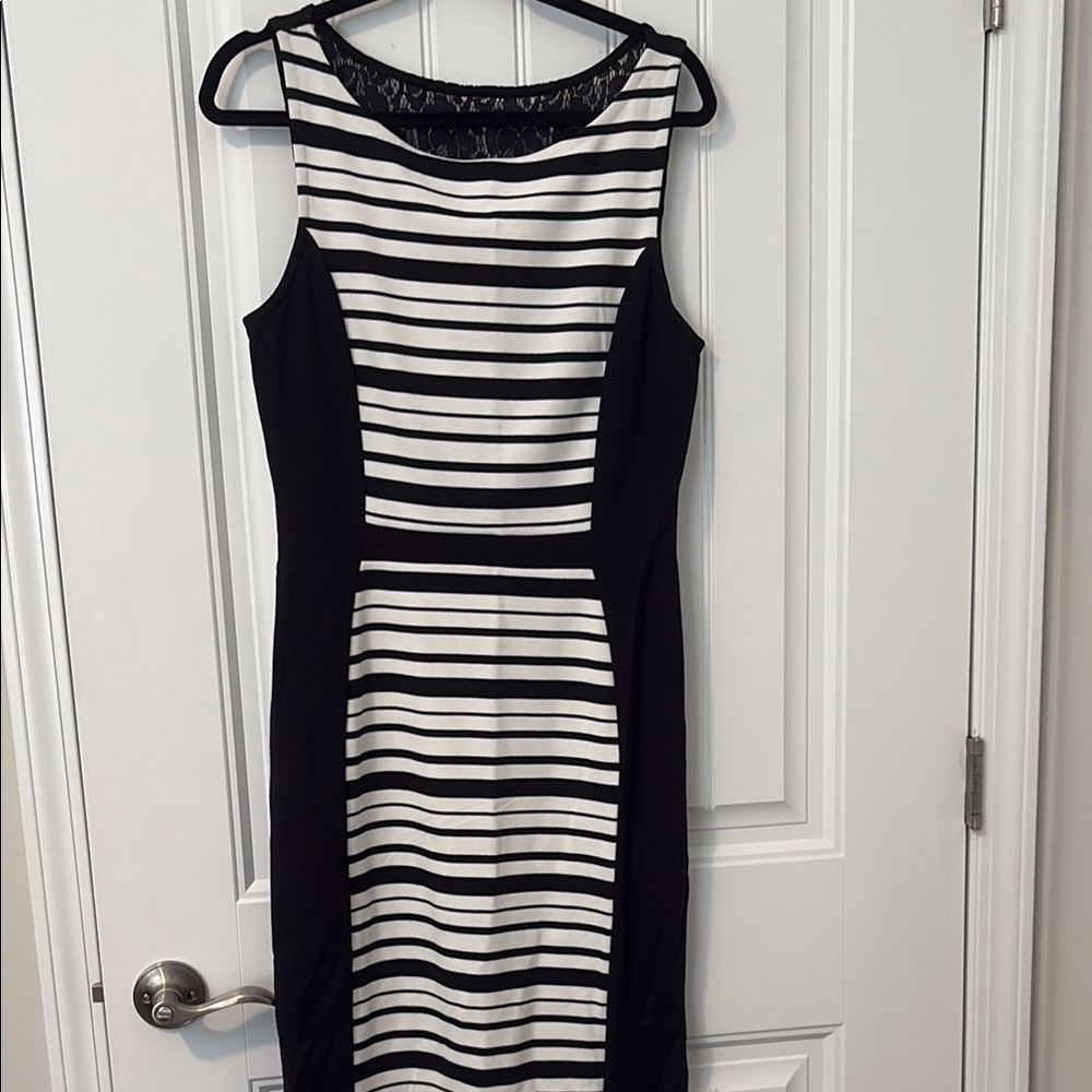 Anthropologie Black and White Sheath Dress with Bateau Neckline